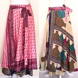 NEW Darn Good Yarn Reversible Silk Blend Print Maxi Wrap Skirt O/S Gypsy Boho